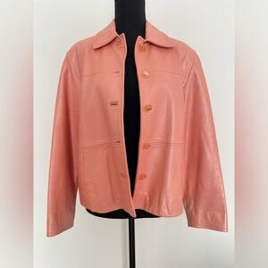 Vintage St. John Sz S Pink Leather Jacket Buttons Collared Made In Italy Pockets